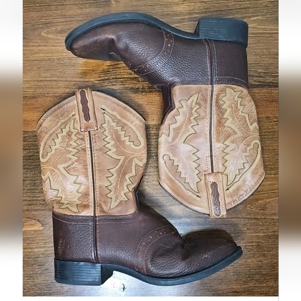 Old West Brown Leather Cowboy Boots Youth Size 3 Style B 1936 Round Toe Western